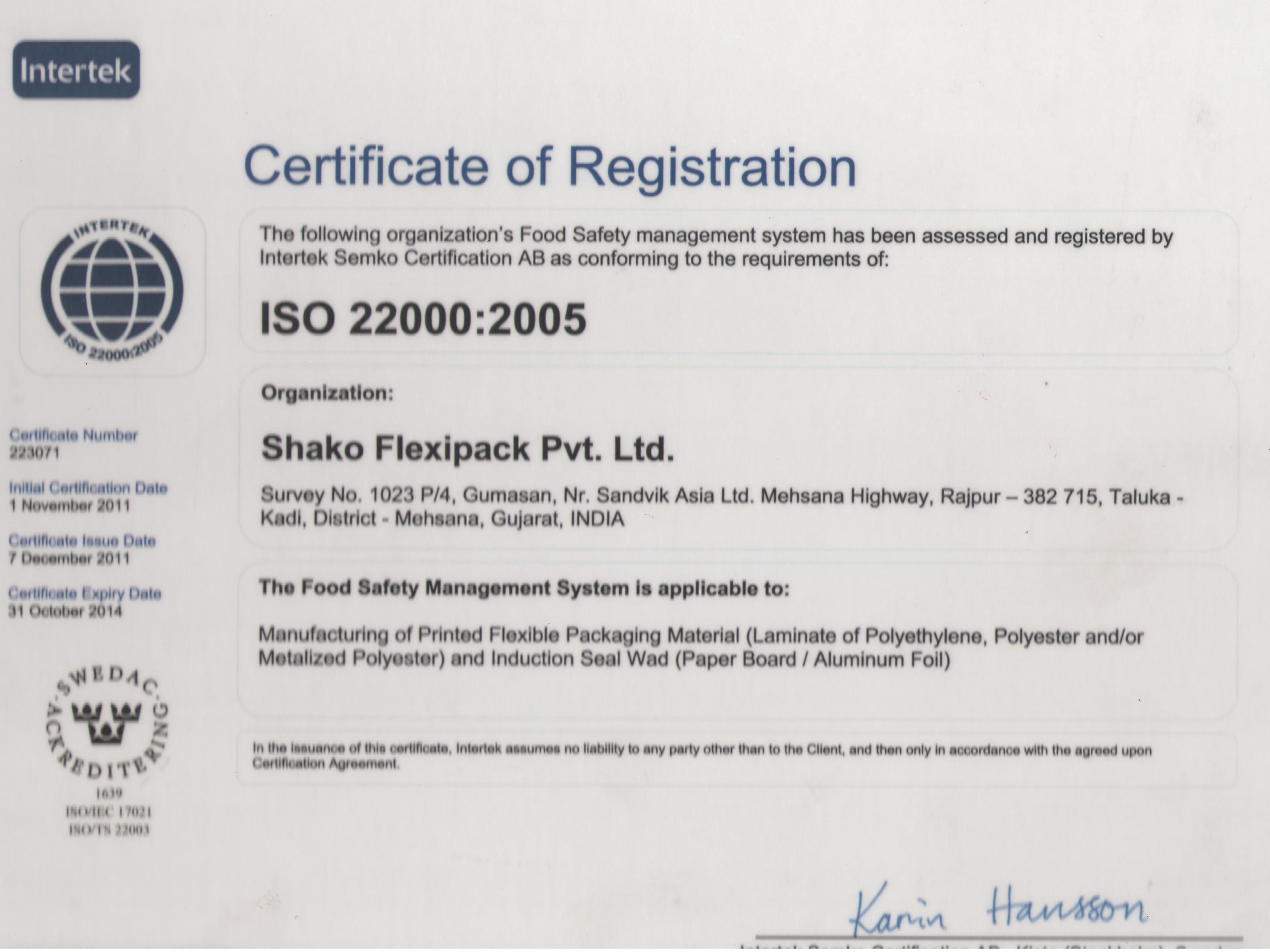ISO 22000: 2005 Certificate